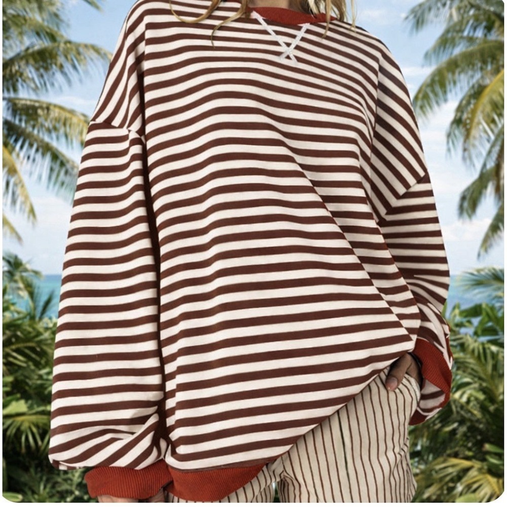 UEU Oversized Striped Crewneck Sweatshirt Long Medium Coffee/red Stripes.[B]